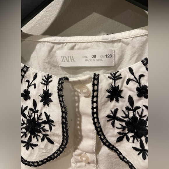 Zara Girls Cropped Button Up Blouse With Embroidered Bib Collar In White Size 8 - Picture 4 of 7